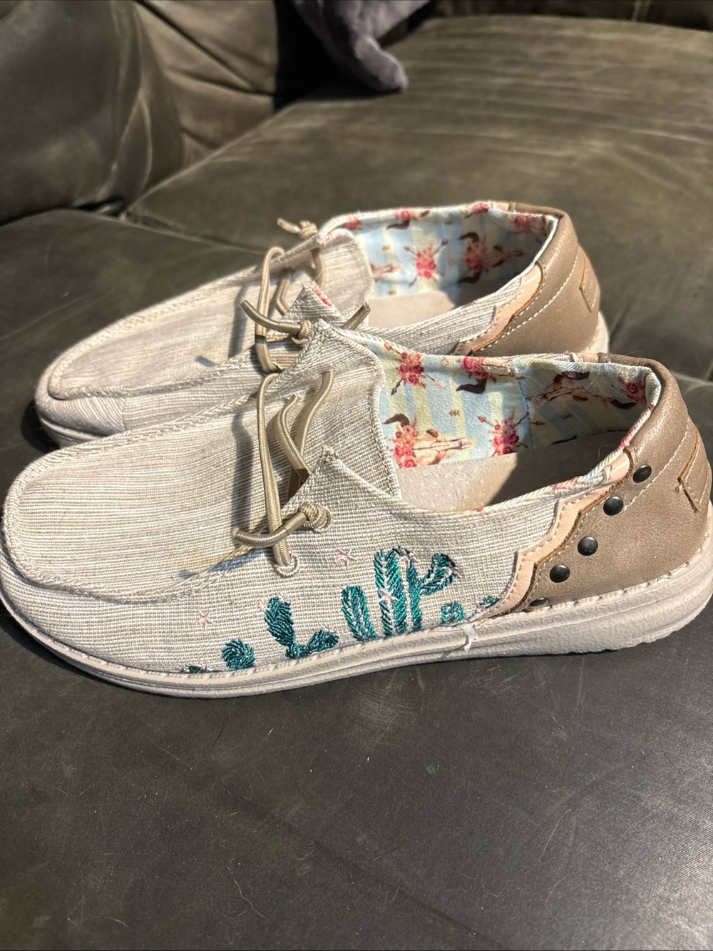 Women’s size 7 Hey Dudeswith Teal Cactus Embroidery